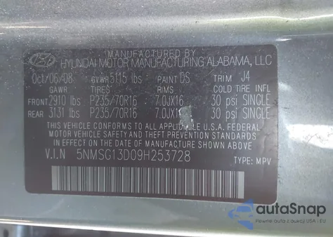 2009 Hyundai Santa Fe Gls из США, поврежденный, VIN 5NMSG13D09H253728